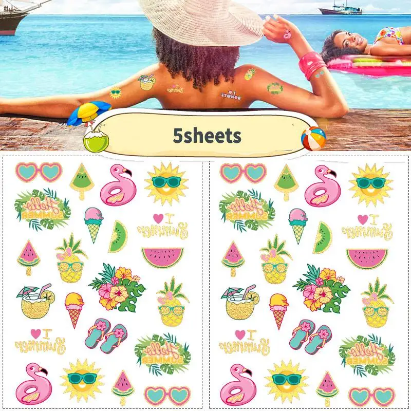 Paquete de 5 tatuajes temporales impermeables con estampado en relieve, pegatinas de dibujos animados de frutas para la clavícula, lindas pegatinas con diseño de foto tipo marcapaso