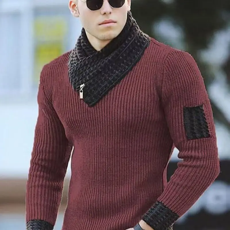2025 Men's Slim-Fit Pullover Sweater With Long Sleeves Scarf Collar For Warmth And Comfort In Autumn And Winter