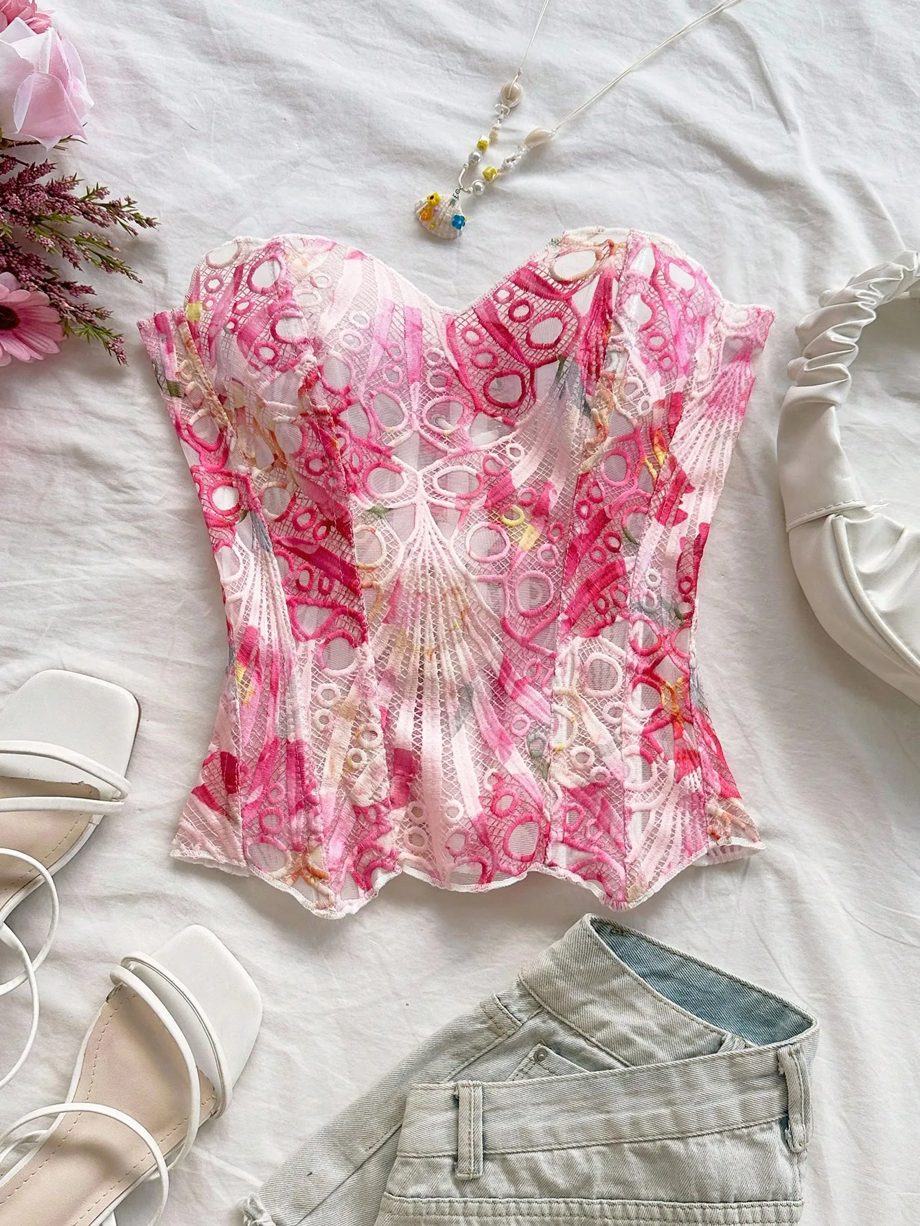 

Pink Floral Lace Corset Top, Off-Shoulder Bustier with Hollow-Out Embroidery, Summer Vacation & Night Out