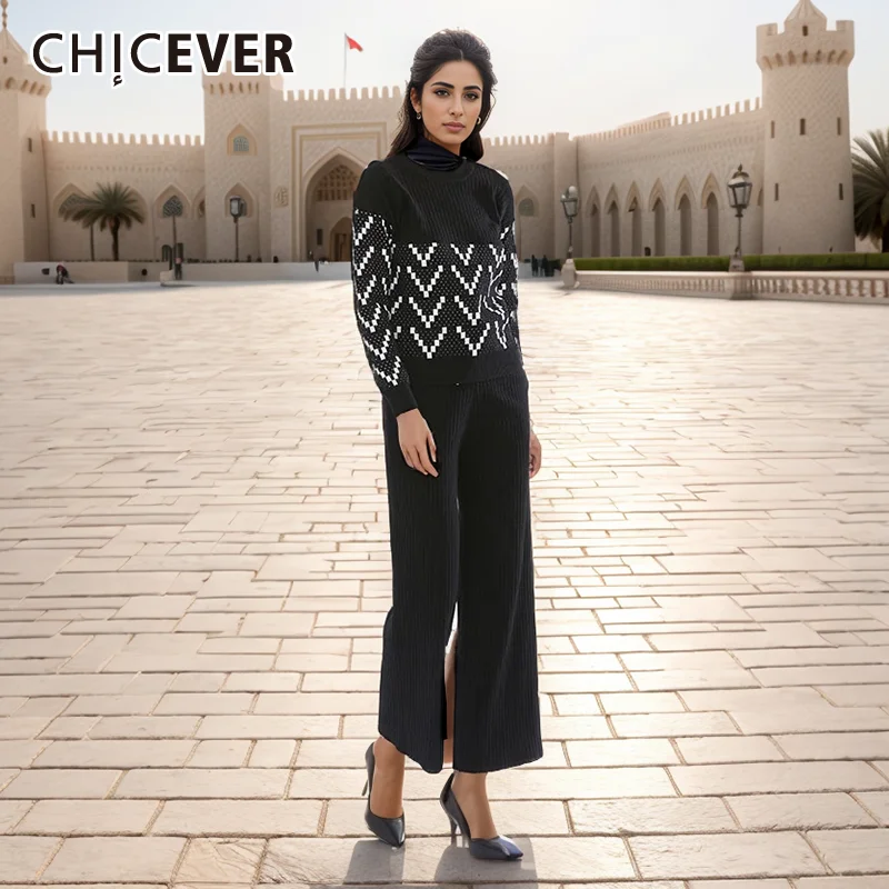 

CHICEVER Solid Casual Two Piece Set For Women Round Neck Long Sleeve Patchwork Appliques Top High Waist Wode Leg Pant Set Female