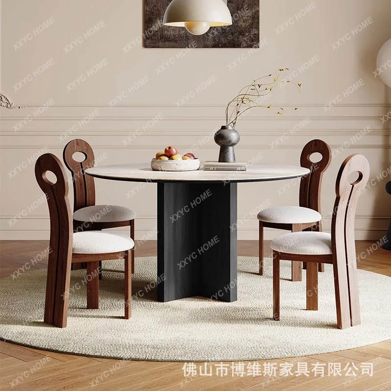 L retro round dining table travertine rock slab small apartment black walnut solid wood round dining table