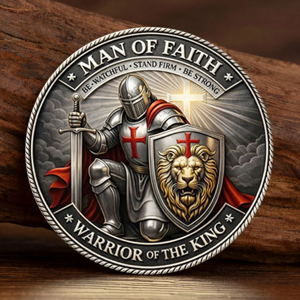 Faith of Man Warrior of The King Silvery Plated Commemorative Coin Lion of Judah Knight Collection Coin