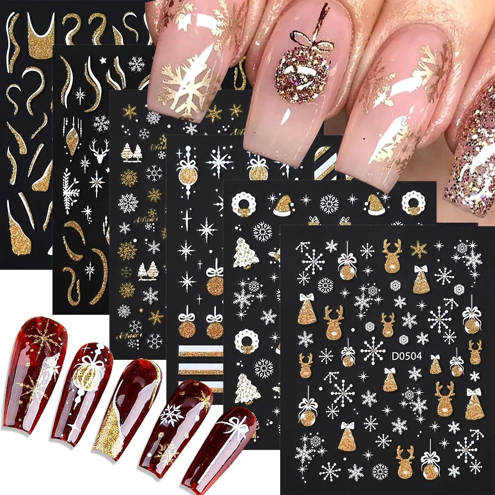 12pcs Glitter Christmas Nail Art Stickers Decals Self-Adhesive Snowflake Santa Hat Nail Sticker Winter Holiday Nail Accessories