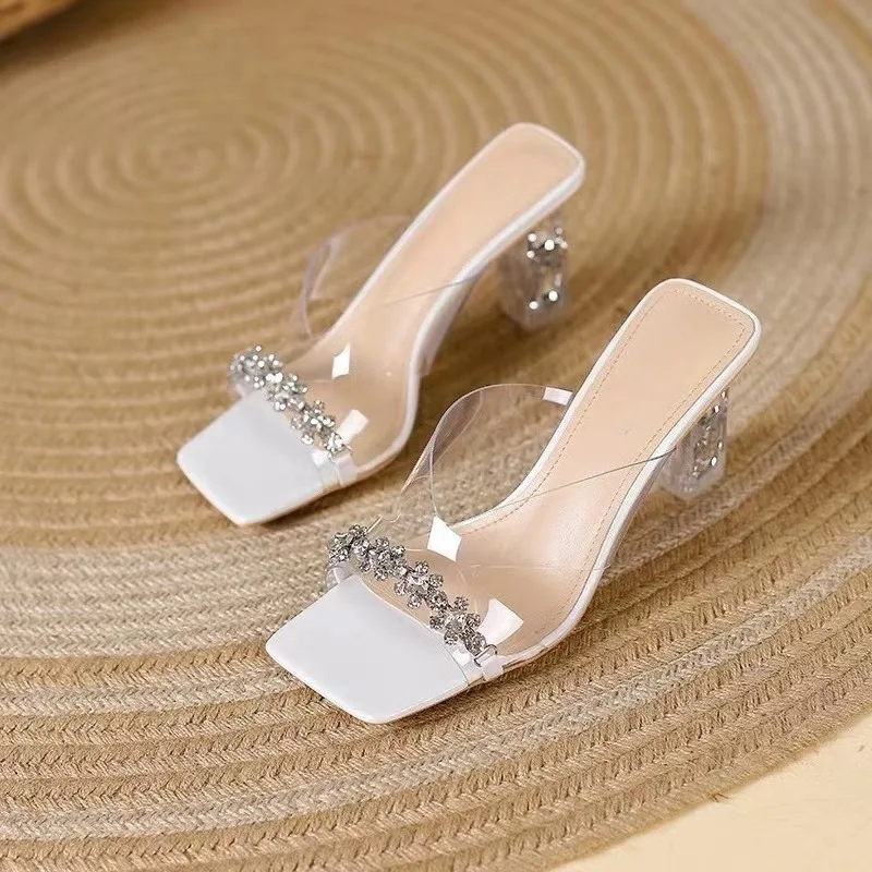 Crystal Block Heel Slippers Summer New Square Toe Open Toe Rhinestone Clear Strap Anti-slip Wear-resistant High Heels