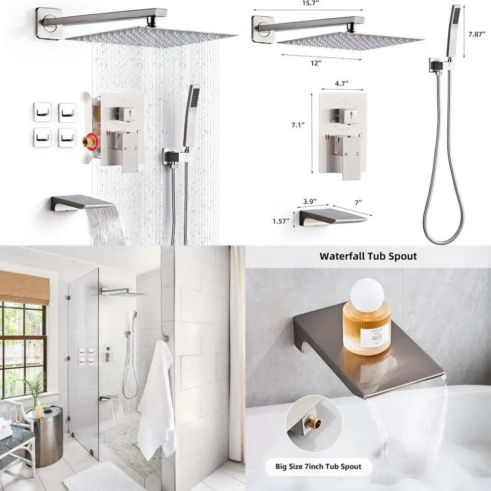 

Complete Shower Faucet Set with Wall-Mounted Tub Spout, 12 Rainfall Shower Head, and Handheld Shower Rain System