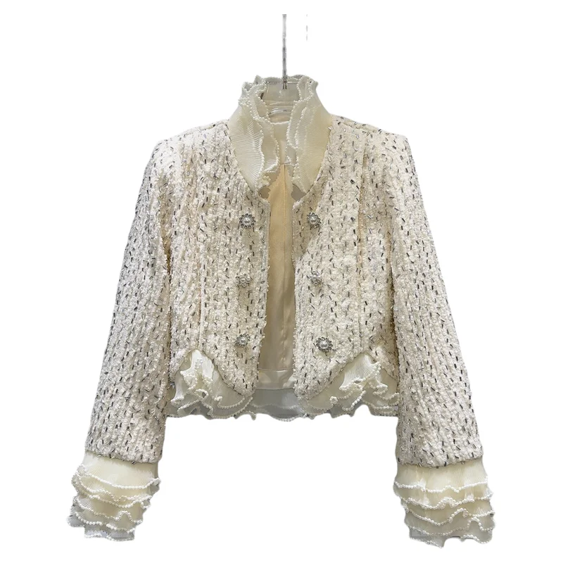 패셔너블한 진주 단추 장식 쉬폰 트림 고급스러운 느낌의 탑 숏 아우터웨어 여성 스타일 2025년 봄 스트레이트 컷 긴 소매