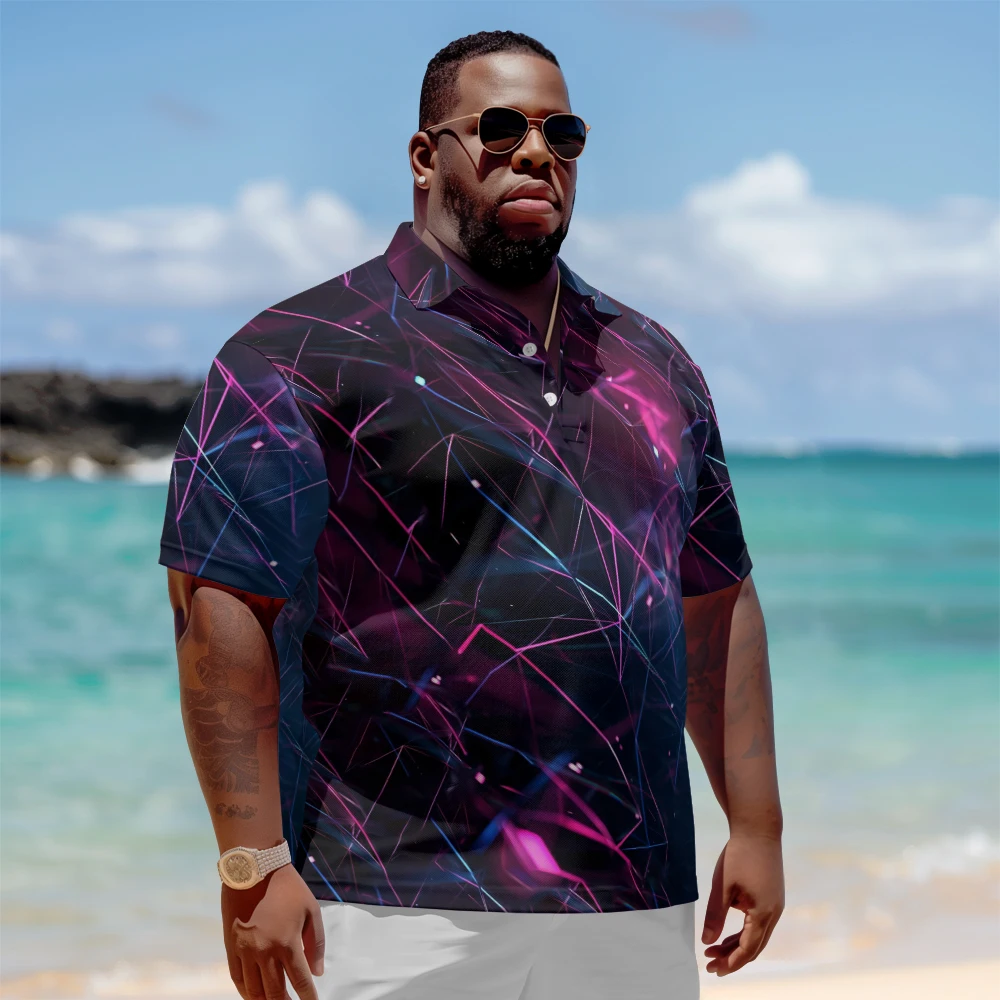 

1 men's plus size polo shirt with summer purple black print casual lapel button suitable for shopping and golf
