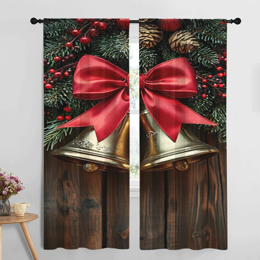2PCS Christmas Curtains, Gold Bell Red Bow Pine Wood, Digital Print, Bedroom Living Room, Rod Pocket Polyester, Home Decor