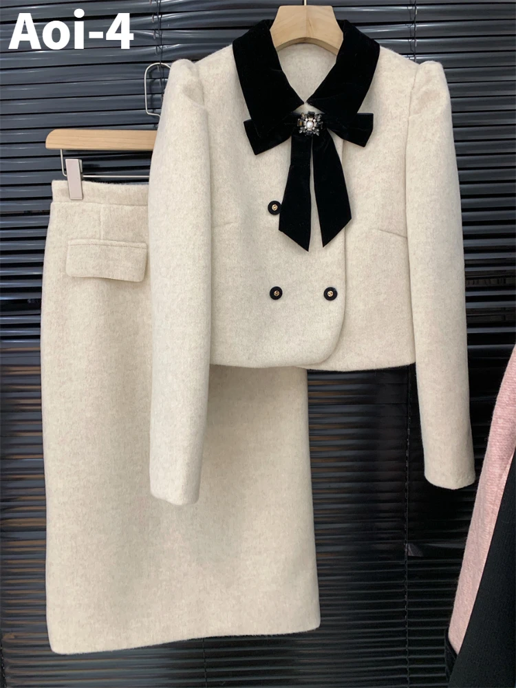 Fashion Commuter Thickened Woolen Suit Women's 2023 Winter Splicing Lapel Bow Double-Breasted Down Coat+Long Skirt Two-Piece Set