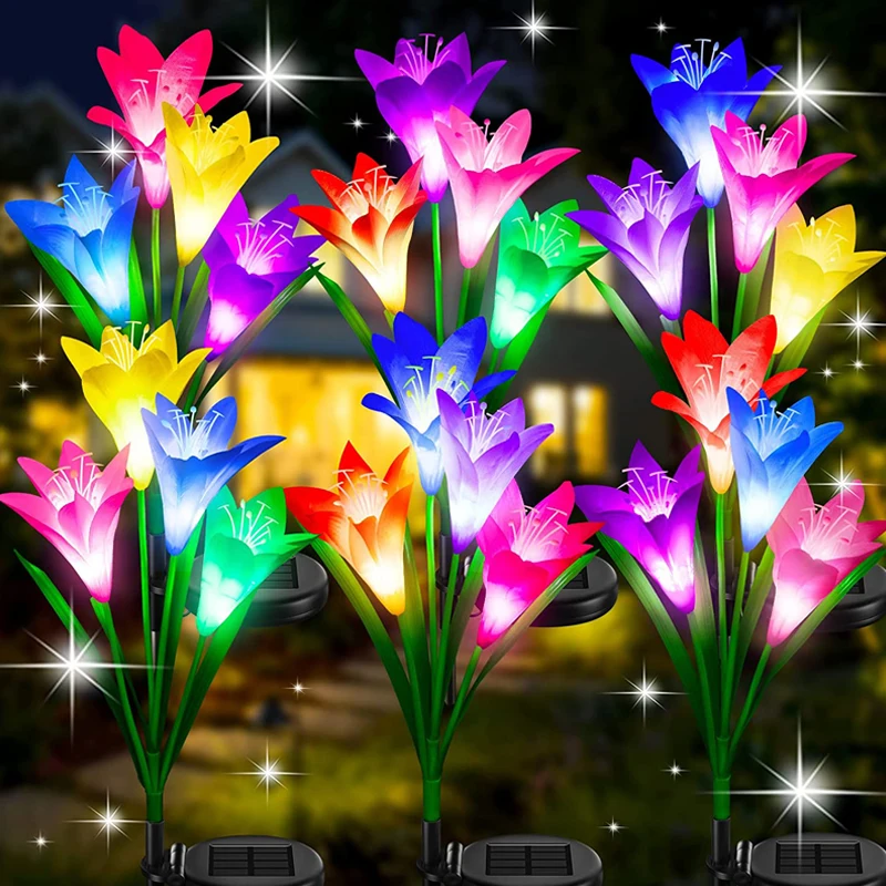 Solar Outdoor Flower LED Lights Garden Decor Lily Flower Lamp 7 Color Changing Waterproof Solar Lights