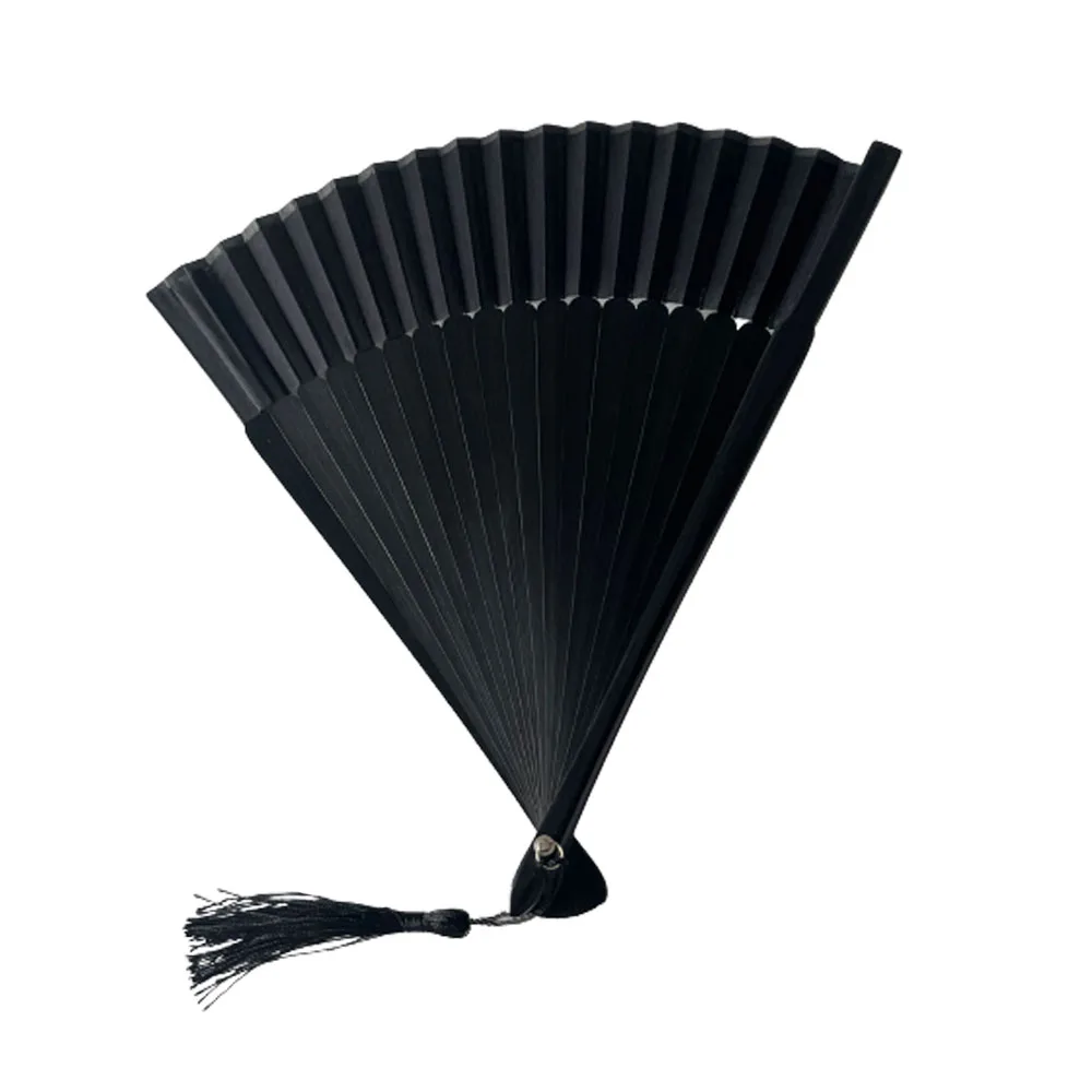 Japanese Black Folding Fan Chinese Vintage Bamboo Shank Classical Dance Fan Tassel Elegent Female Hand Fans Home Decorative