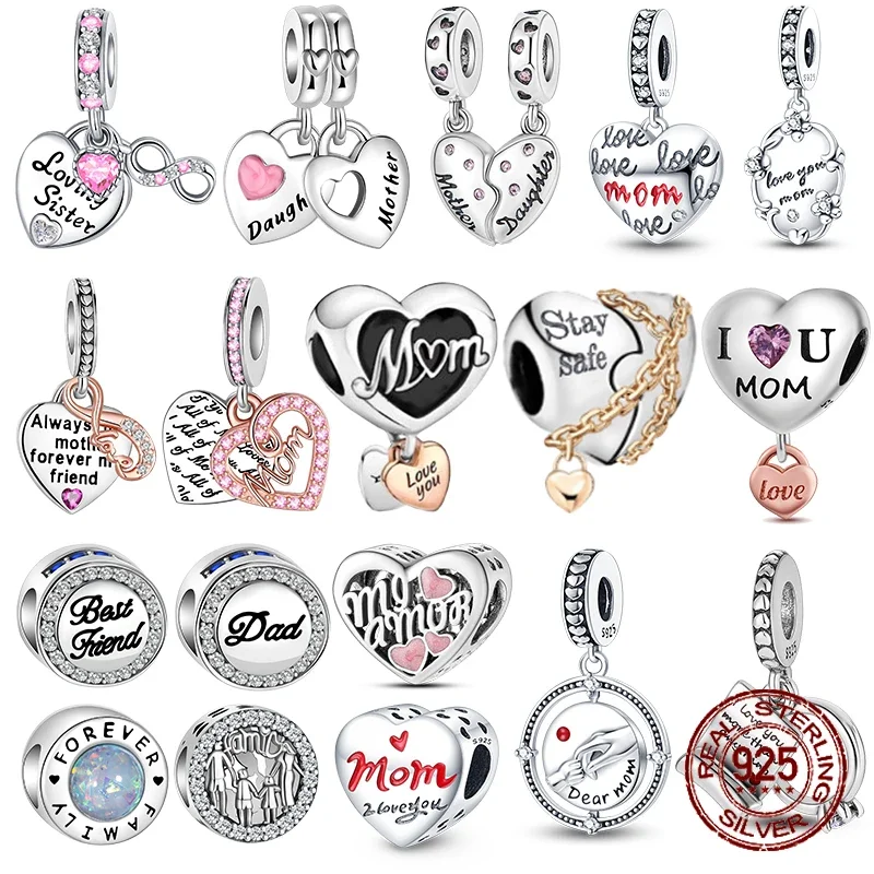 925 Sterling Silver a forma di cuore Warm Family MOM Charm Beads Fit Pandora bracciali originali Fine regali di gioielli per la festa della mamma fai da te