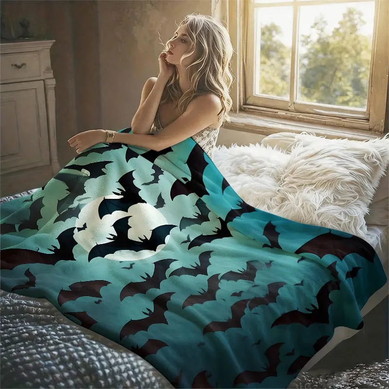 Bats Flying Full Moon Teal Flannel Blanket Perfect for Sofa Office Bed Travel Sleep Read Relax Camping Four Season Use
