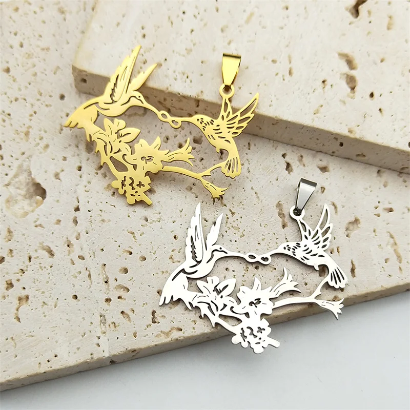 3Pcs Hummingbirds Kisssing Flower Love Pendants For Women Men Stainless Steel Gold Silver Color Birds Charms Jewelry Gifts