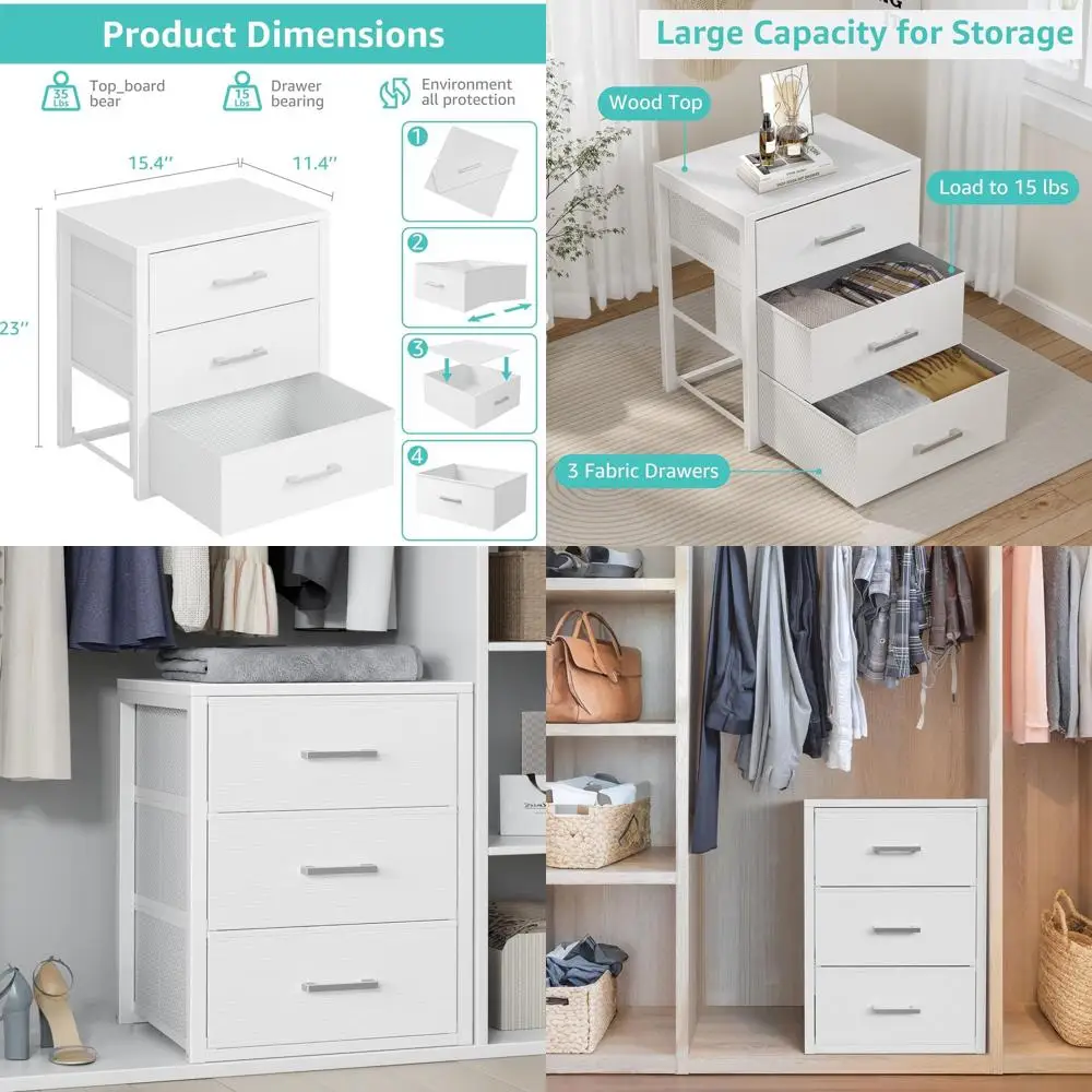 

Compact White Fabric 3-Tier Closet Organizer for Bedroom and Dorm Storage Solutions