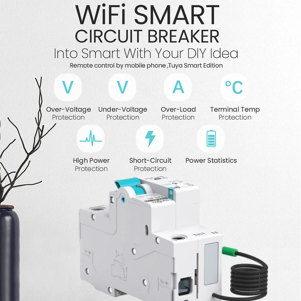 Tuya WiFi Smart Circuit Breaker with Auto Wireless Interruptor Smart Metering Circuit Breaker with Timer Remote Control Switch