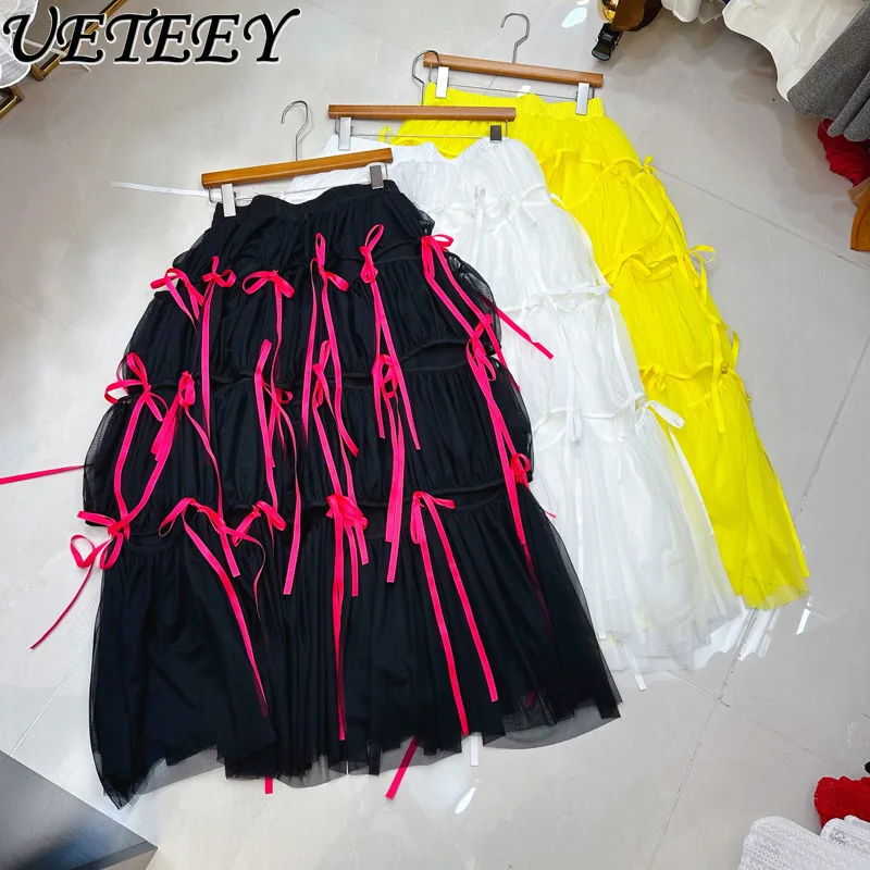 

French Style Ladies Elastic High-waisted Mid-length Skirt Spring Summer New Versatile Bow Streamer Yarn Skirts for Women