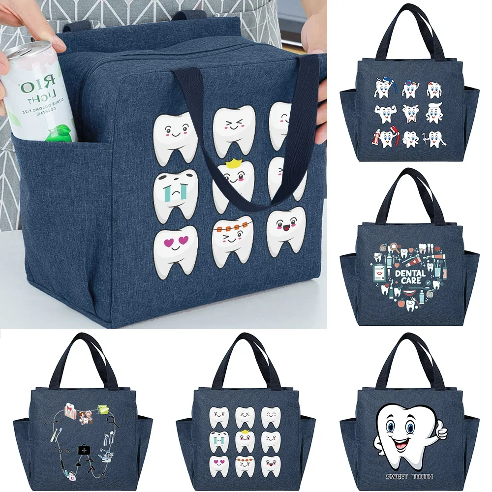 

Thermal Lunch Dinner Bags Canvas Teeth Anime Print Handbags Picnic Travel Breakfast Box School Child Food Insulated Tote Bag