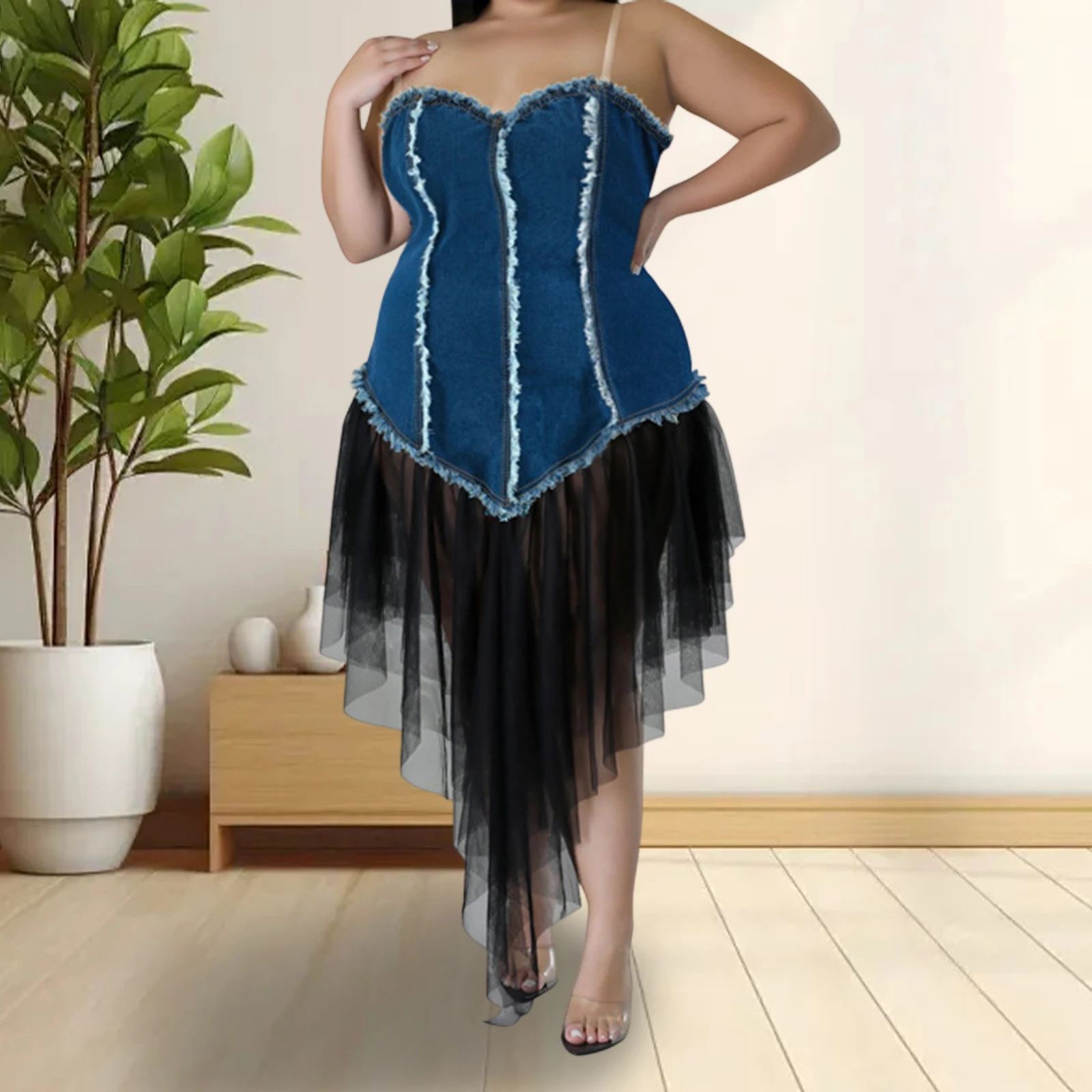 2025, Damen-Jeanskleider in Übergröße, Sommer, sexy Damen, ärmellos, Spaghettiträger, Patchwork, Netzsaum, Midi-Slip-Kleid