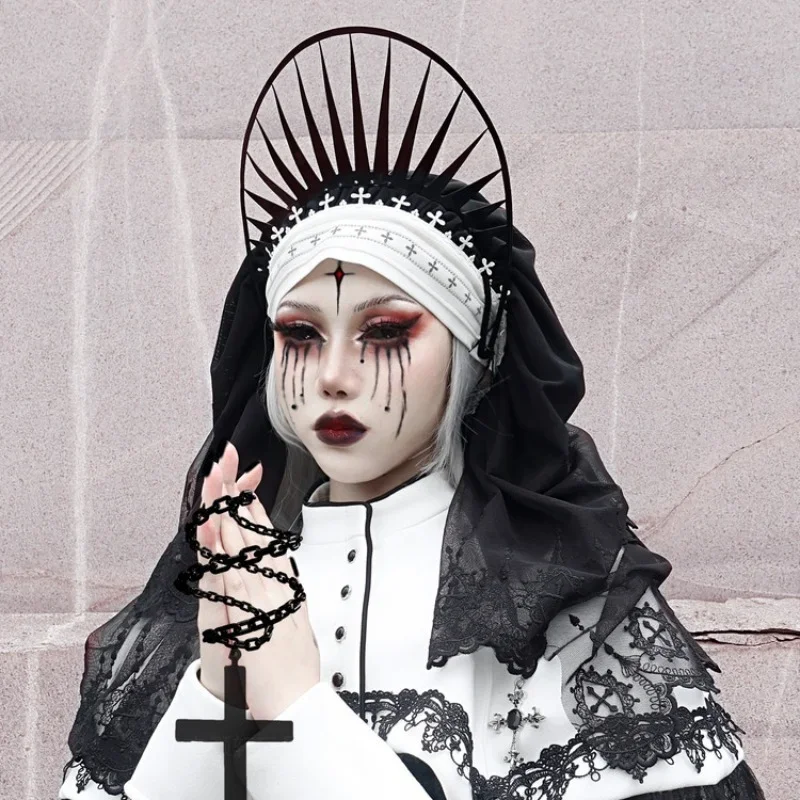 Pañuelo para la cabeza para mujer, negro oscuro, con doble encaje, con volantes, bordado hueco, plisado, gancho, flor, encaje hueco, velo decorativo, 1 ud.