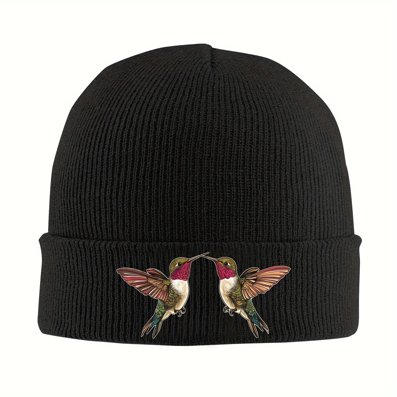 Two Hummingbird Print Knit Beanie Unisex Warm Acrylic Skull Cap for Cold Weather Outdoor