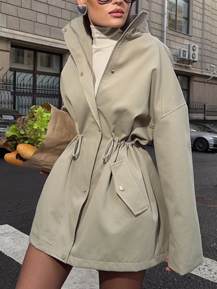 

Collar Mid Length Windbreaker for Spring Autumn New Style with Drawstring Waist Cinching Casual Pure Cotton Jacket for Women