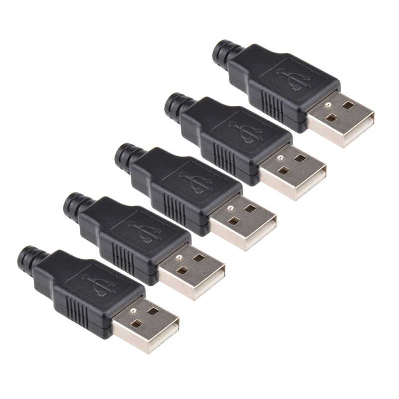 5Pcs USB 2.0 Type A Male USB 4 Pin Plug Adapter Connector With Black Plastic Cover