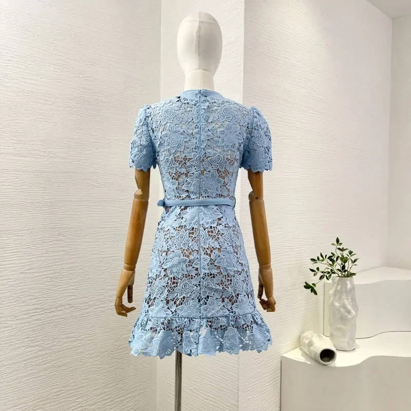 Women's Blue Short Sleeve Dimond Buttons Belt Elegant High Quality 2024 Pleated Skirt Tail Lace Hollow Embroidery Mini Dress