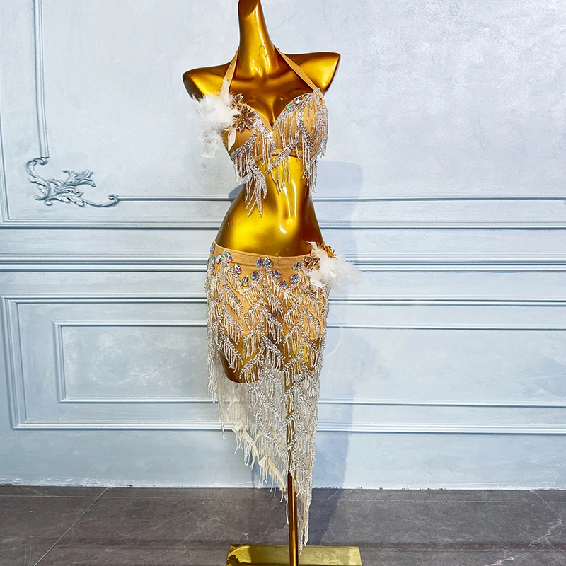 Kostium BellyDance damski dostosowany dla seniorów Rhinestone cekinowa sukienka z frędzlami taniec orientalny profesjonalna odzież sportowa
