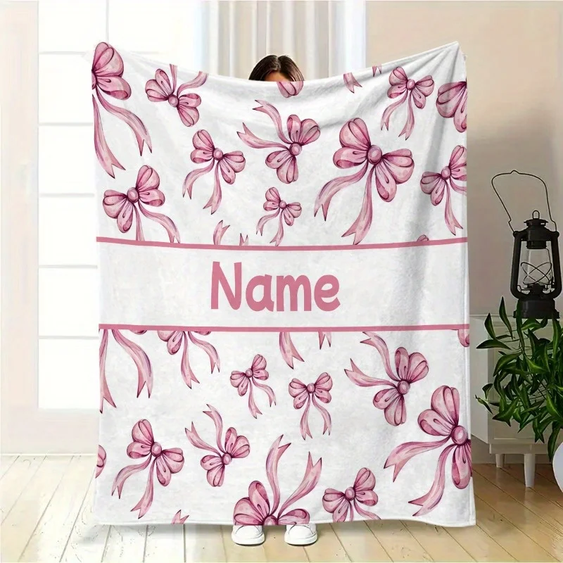 Personalisierte Flanelldecke mit individuellem Namen, rosa Schleife, weich, warm, Mädchenzimmerdekoration, ganzjährig, für Sofa, Bett, Reisen, Camping