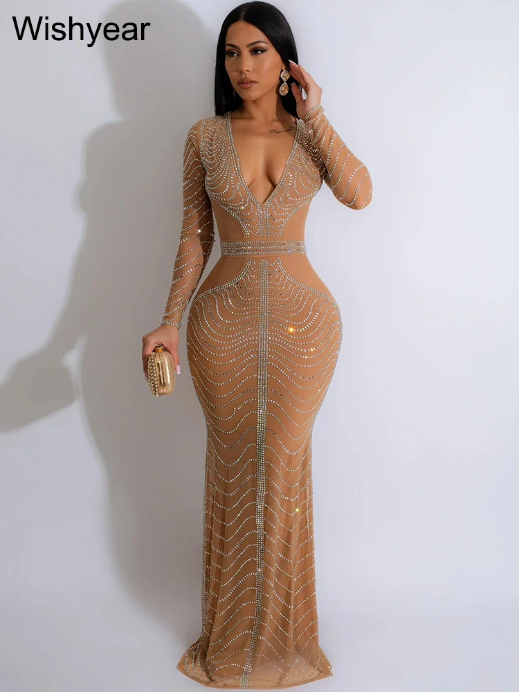 Wishyear luksusowe formalne okazje diamenty dżetów głęboki dekolt w serek urodziny wieczór wesele Bodycon Midi Maxi sukienka Vestidos