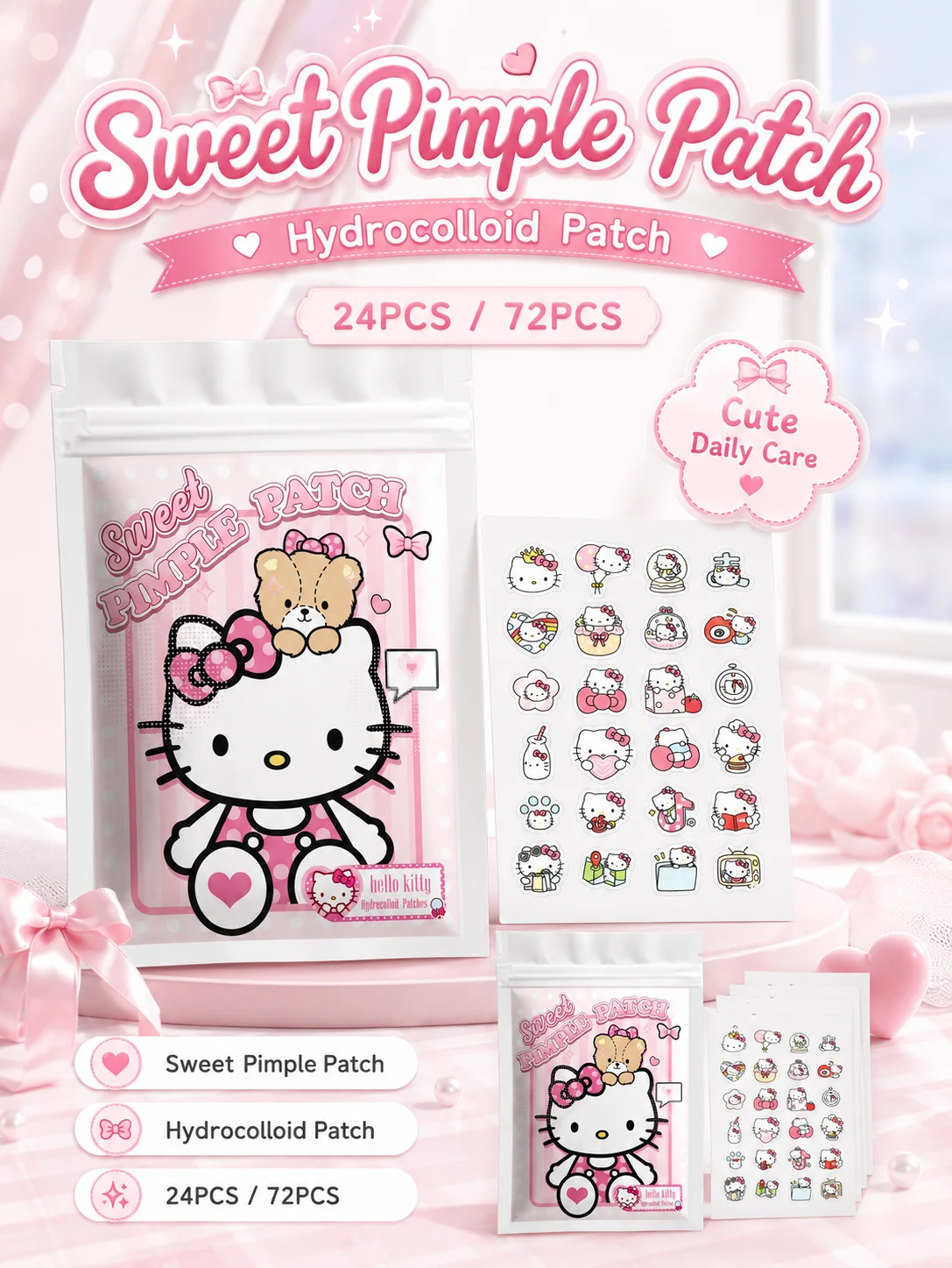 Sanrio Acne Pimple Patches, Hydrocolloid Spot Cover Stickers, Cute Face Care Patches for Daily Use