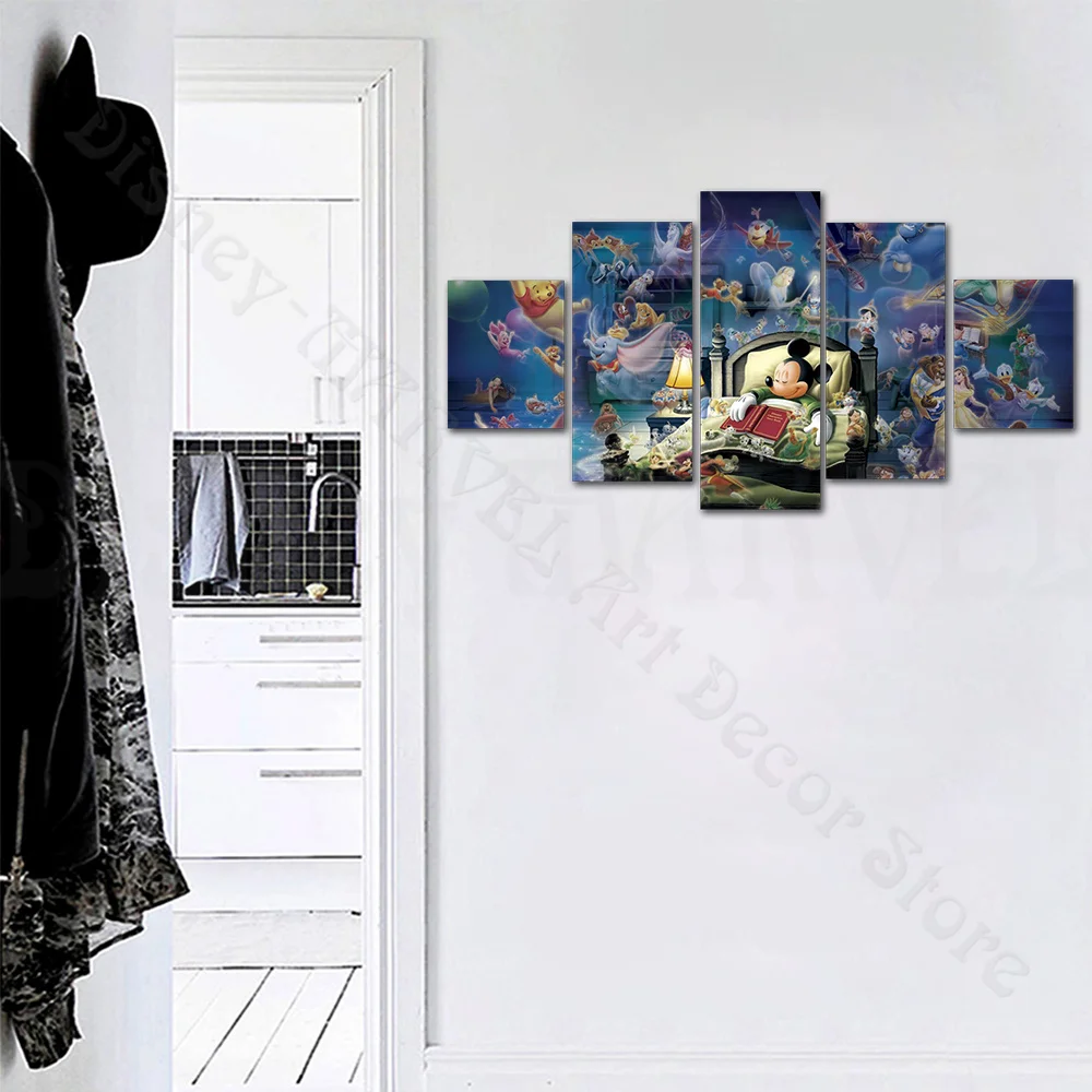 5Pcs Mickey Mouse Canvas Painting Wall Poster and Print Art Picture Disney Anime Living Bedroom Home Decoration Children's Gifts