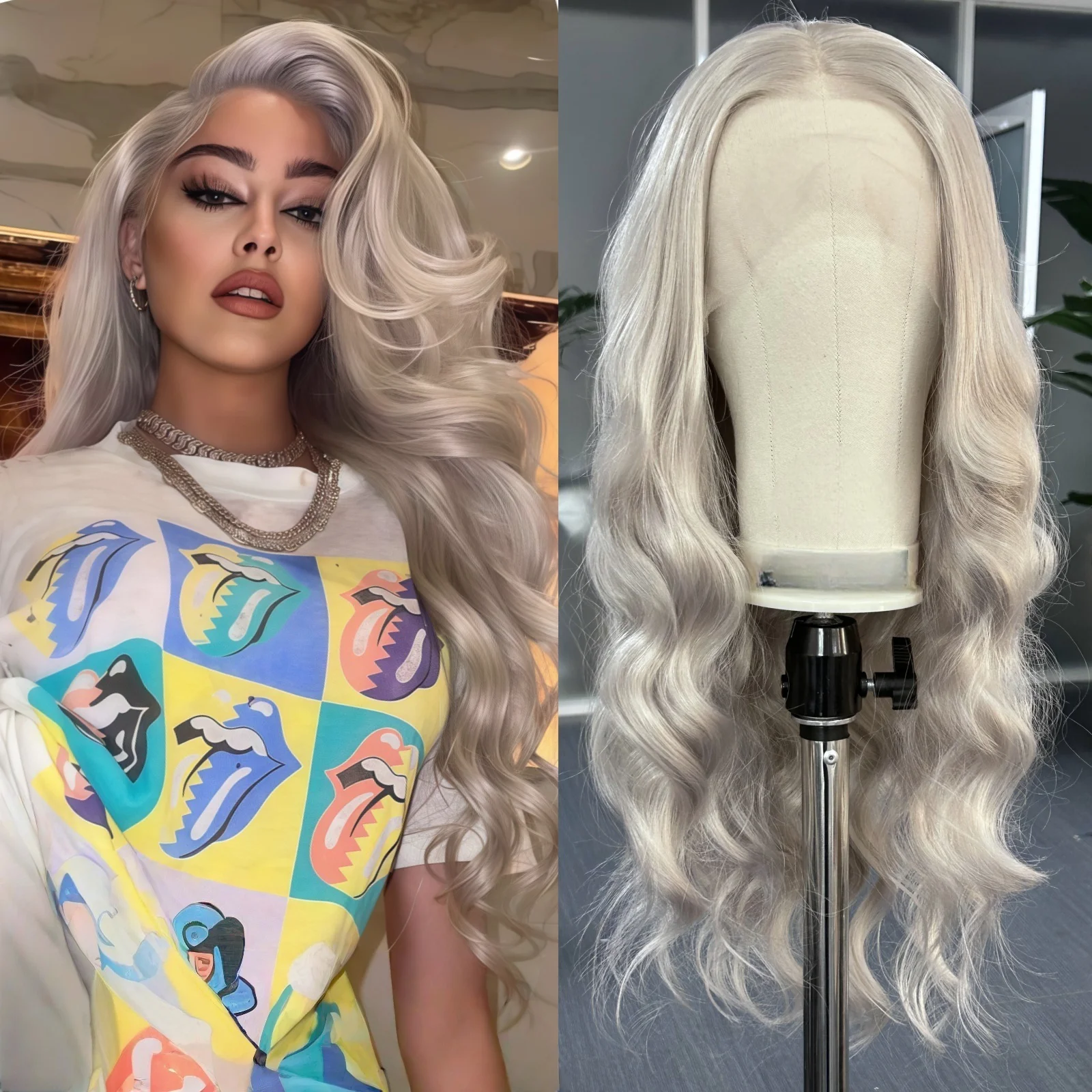Silver Blonde Body Wave Synthetic Wig Middle Part Long Curly Wavy Loose Deep Wave Light Platinum Grey Lace Front Wigs for Women