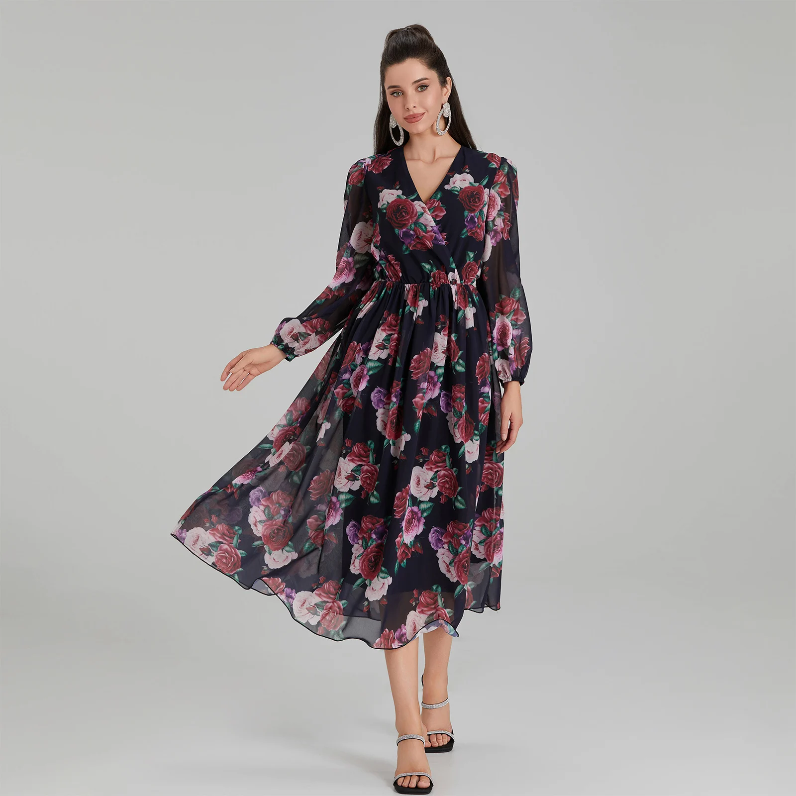 

Women Bohemian Chiffon Long Dress Fashion Vintage Floral Print Tighten Waist V-Neck Long Sleeve Flowy Dresses