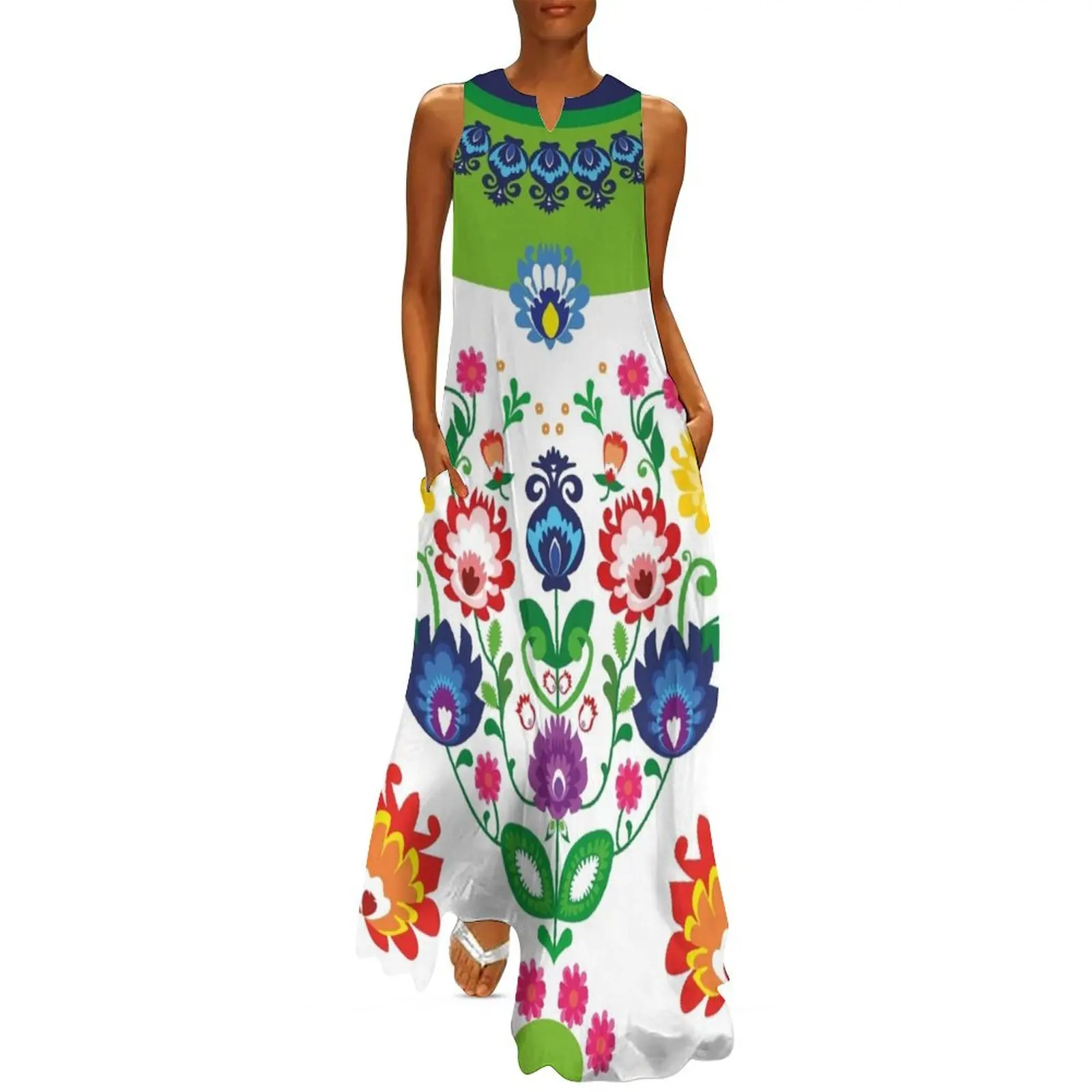 

Folk heart, beautiful polish folk motif - white Long Dress summer clothes for women Dress