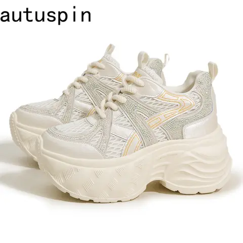 AUTUSPIN 2025 겨울 여성용 신발 9.5cm 높이의 청키 스니커즈 트렌디한 반짝이는 크리스탈 스니커 메쉬 여성용 벌커나이즈 신발