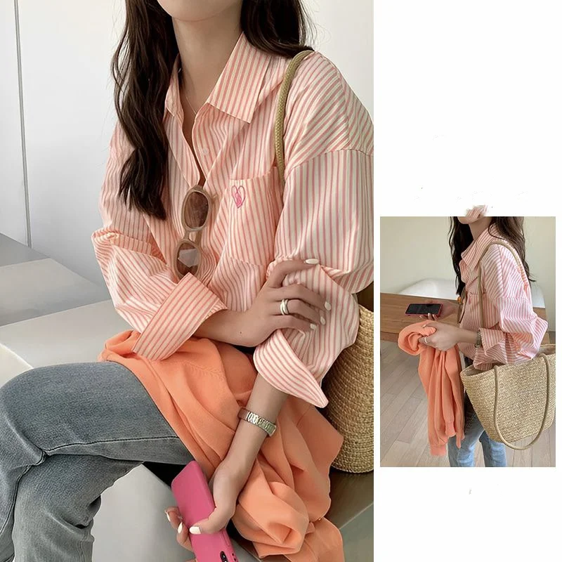 Spring Women New Youth Tops Design Sense Lapel Collar Niche French Shirt Summer Pink Stripe Loose Refreshing All-match Shirt