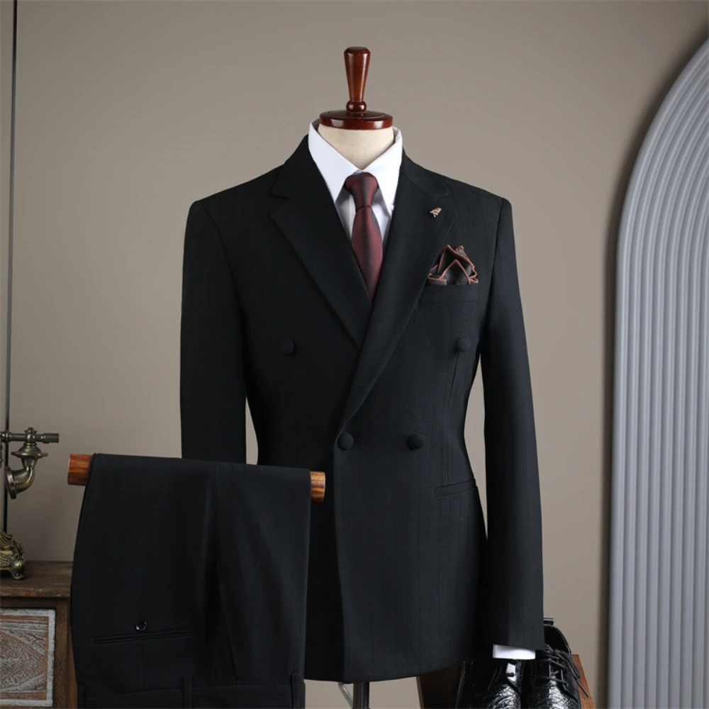 Modern Double Breasted Two Pieces Suit Set For Men Newest Striped Classy Notched Lapel Tuxedo M-4XL Decent Party Groom Wear