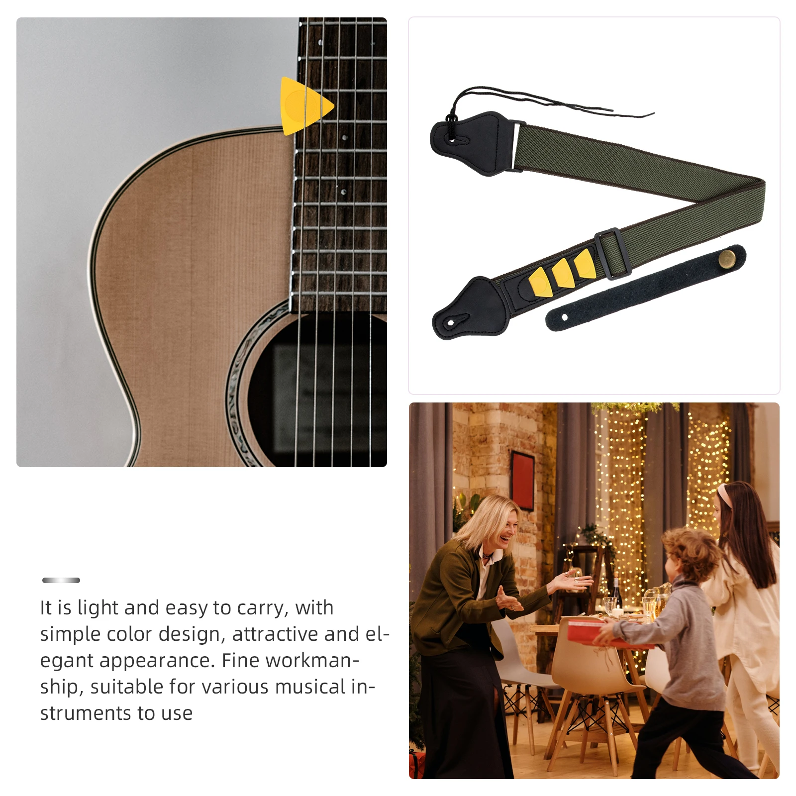

Guitar Strap Set and Picks Cotton Acoustic Accessories Ballad Shoulder Belt Green Straps