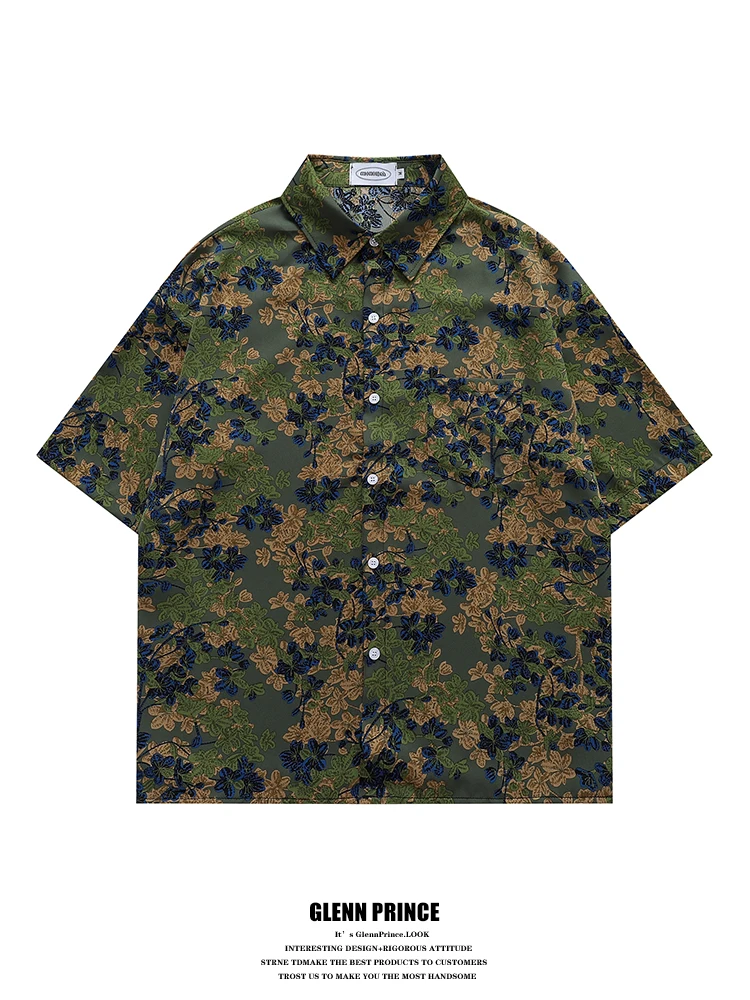 

GPstudio Summer New Floral Print Green Short Sleeve Men's Casual Shirt Hawaiian Vacation Style Polyester Fiber Loose Fit
