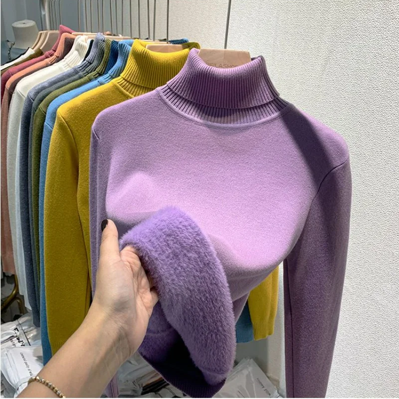 Autumn Winter New Fleece Thickened High Neck Sweater Women Solid Fashion Simple Temperament Warm Patchwork Long Sleeve Knit Top