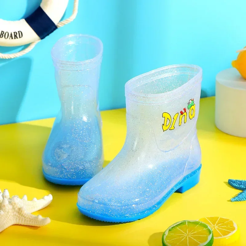 Sequin Transparent Children\'s Rain Boots Cartoon Pattern Kids Anti Slip Waterproof Soft Sole Thick Bottom Shoes Rainy Weather