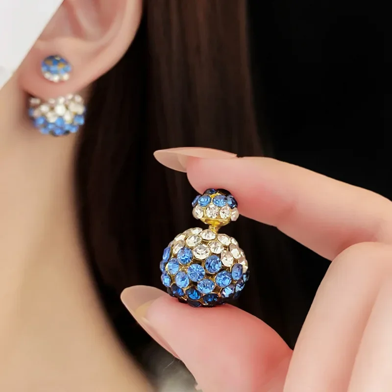 Bluey Rhinestone Ball Two Wear Stud Earrings for Women Delicate Fashion Light Luxury Advanced Silver Needle Jewelry Wholesale