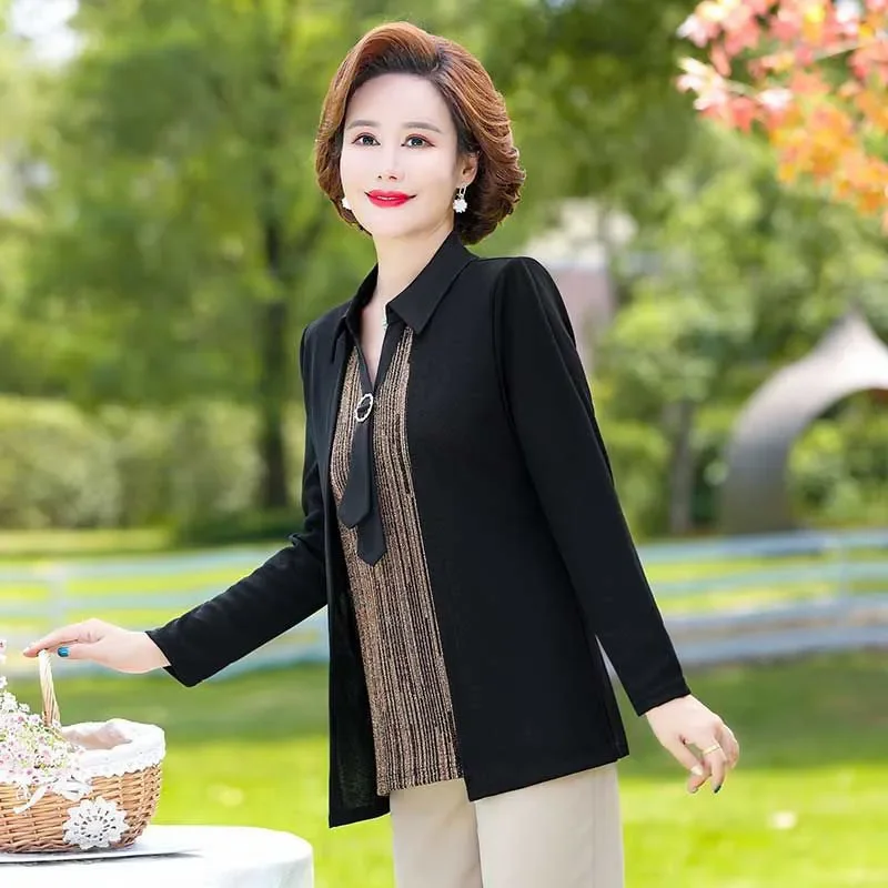 Gefälschte zweiteilige Tops edle Damen Vintage Langarm T-Shirt Frühling Herbst Mütter mittleren Alters Kleidung