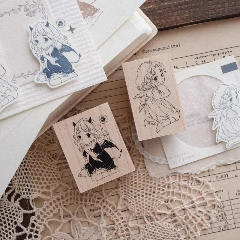 

Lovely Angel And Devil Girl Wooden Rubber Stamp Set DIY Scrapbooking Photo Album Card Making Wood Seal