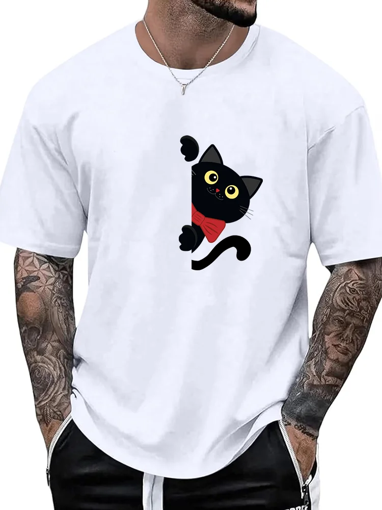 

For Men's 100 Cotton Comfortable Casual Loose Oversized Creative Cute Cat Printed Sports Round Neck Short Sleeved T-shirt Top