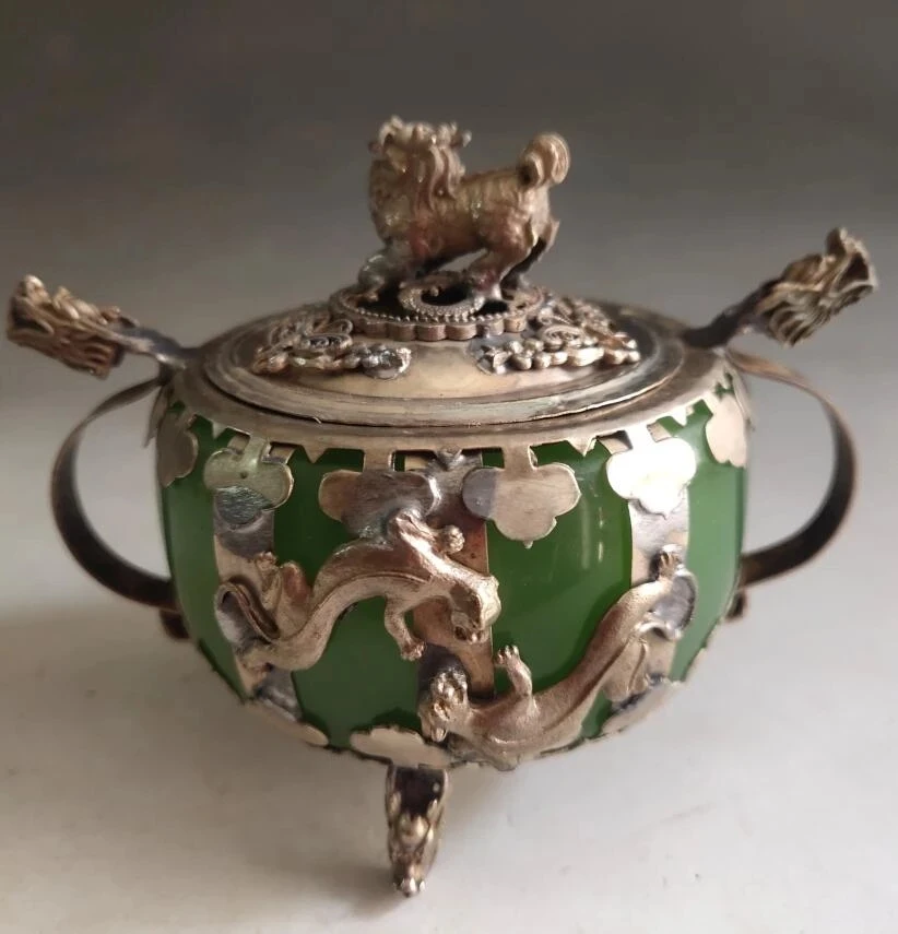 

China White copper mosaic Green jade Incense burner crafts statue