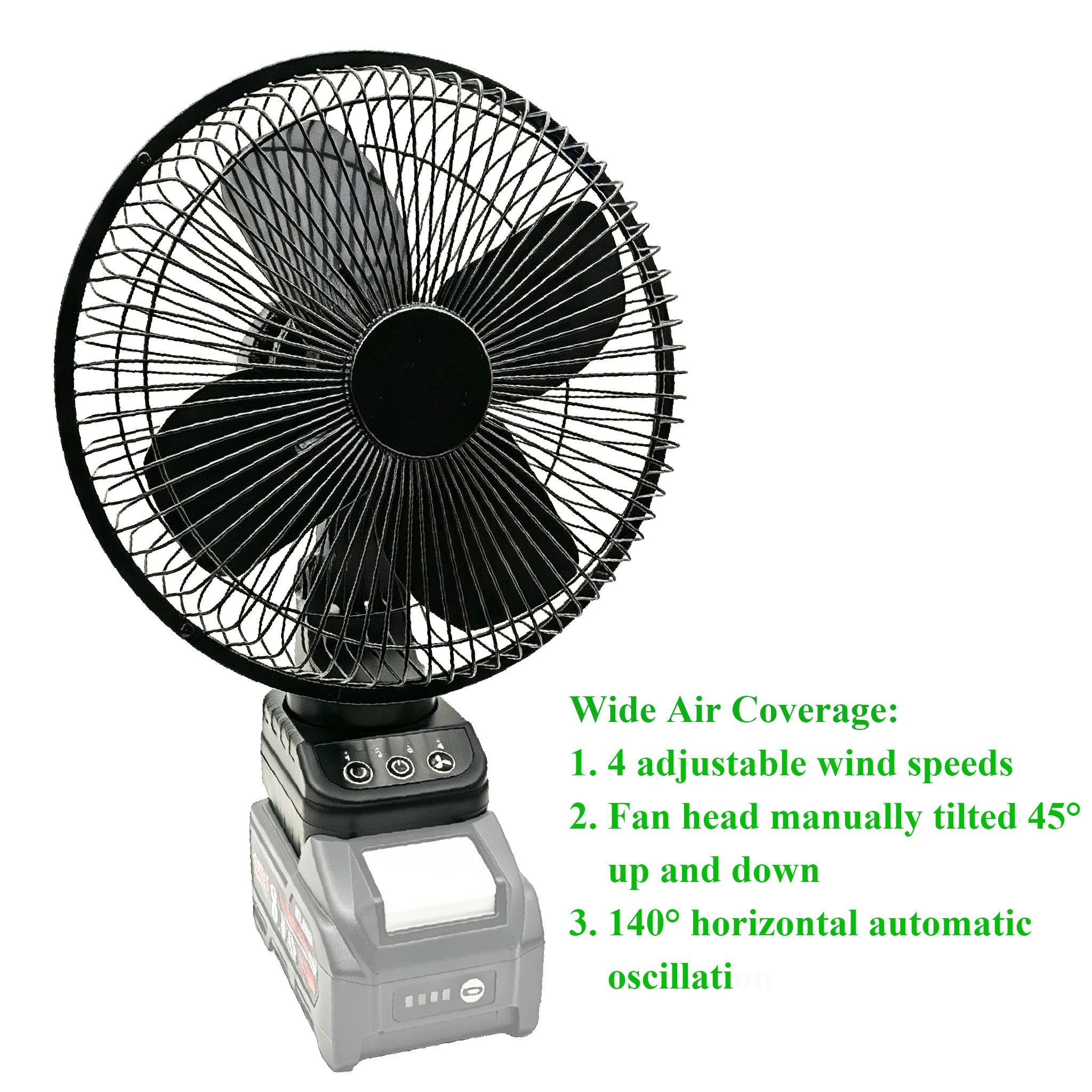 Für Makita Lithium-Akku Bürstenloser Metallventilator 140 ° Oszillation 45 ° Verstellbarer Ventilatorkopf 4 Geschwindigkeiten DC-Betrieb für Outdoor-Camping – Detail 8