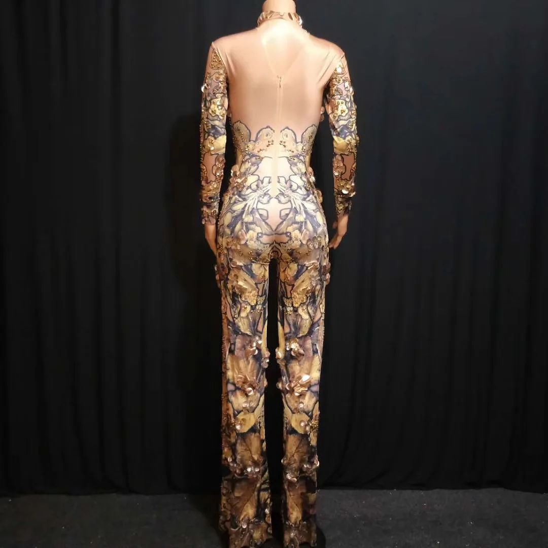 Nude Long Sleeves Floral Printing Sexy Perspective Rhinestone Jumpsuit Straight Pants For Women Party Cloth Stage Singer Costume